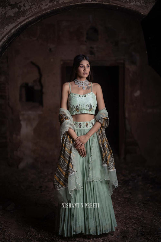 Gaukha -  Powder Green Lehenga Dupatta Set