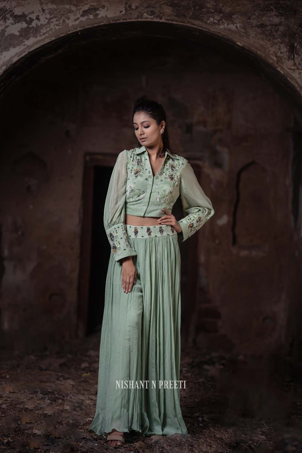 Sanvaatak - Green Gharara Embroidred Crop Shirt & Ghrara Pant