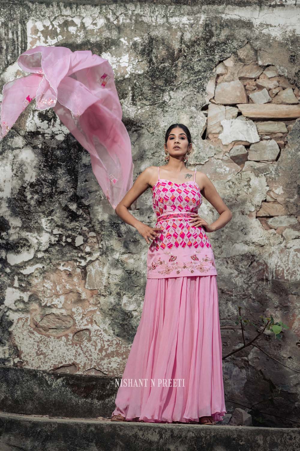 Akshi - Rose Pink Short Kurta with Gharara and Dupatta Set