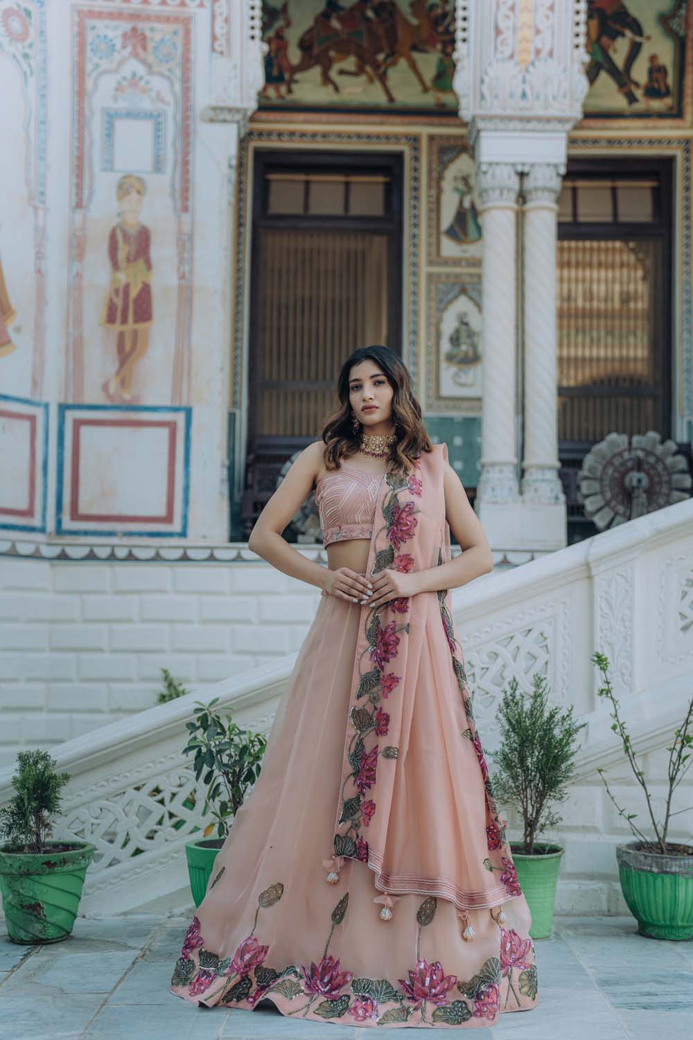 Indrivar - Rose Gold Lehenga Blouse & Dupatta Set