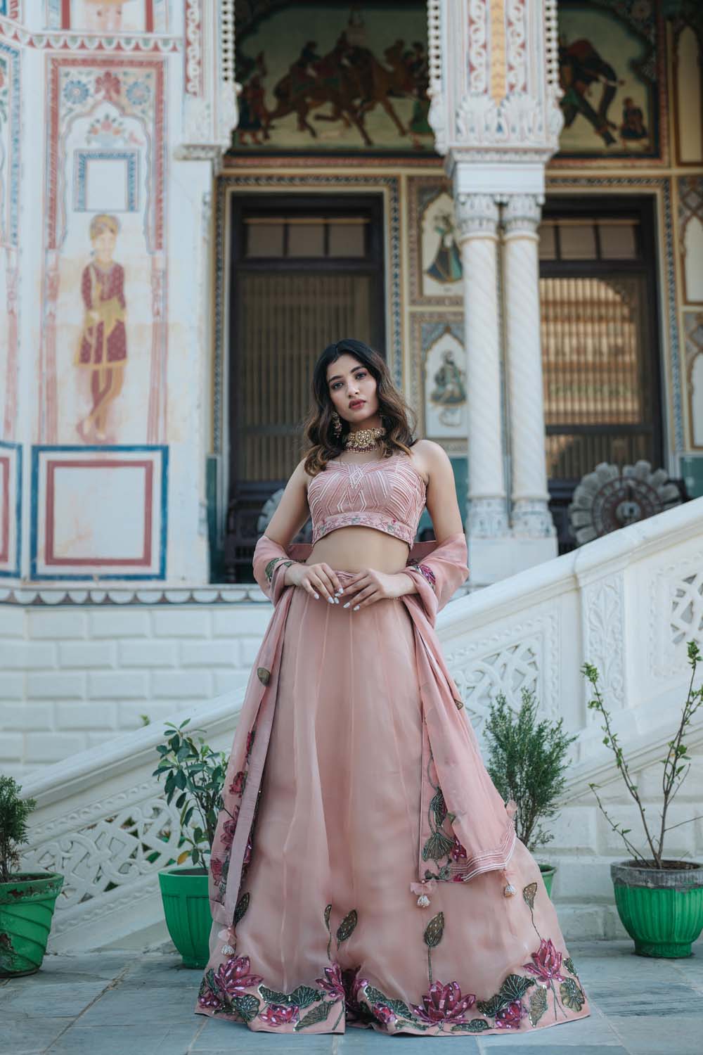 Indrivar - Rose Gold Lehenga Blouse & Dupatta Set