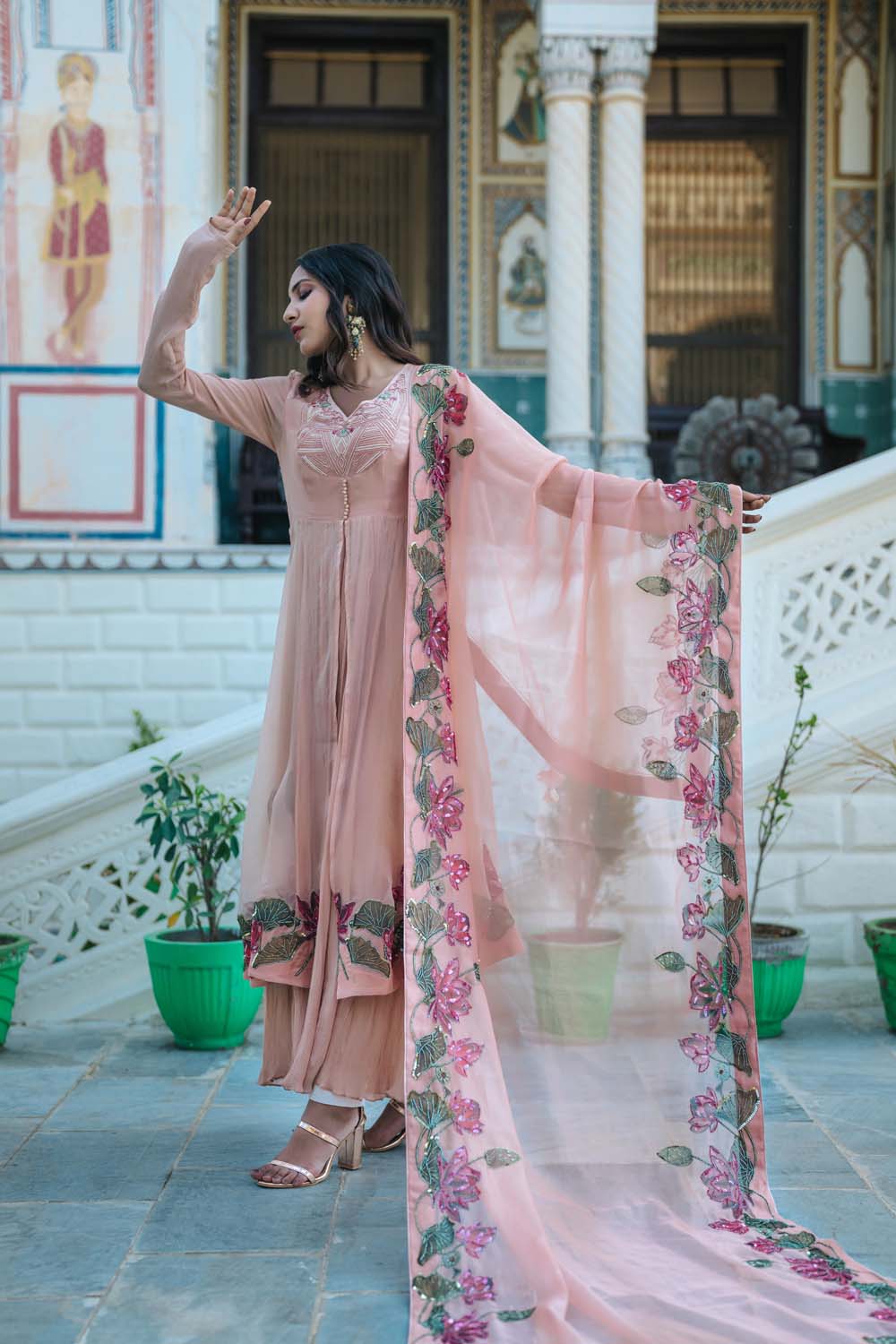 Saroj - Rose Gold Anarkali Pant & Dupatta Set