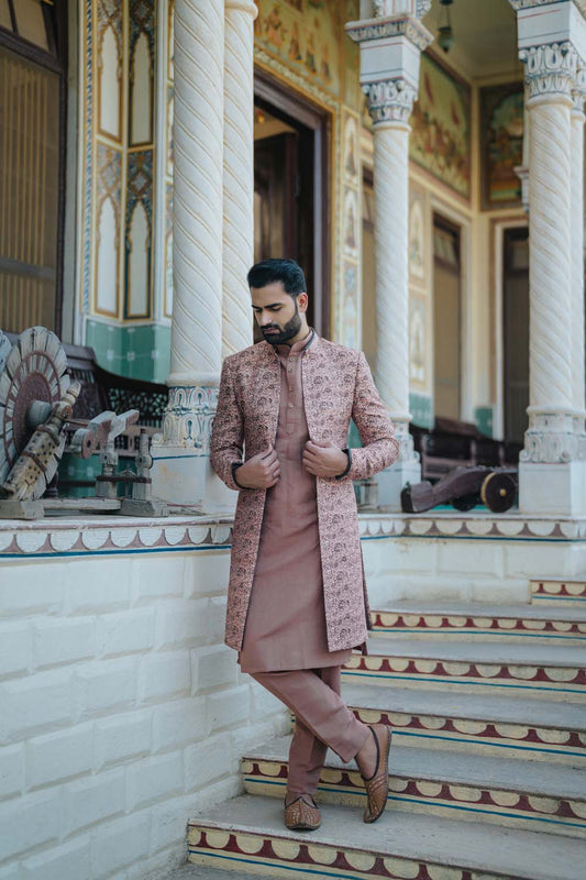 Neeraj - Rose Gold Long Jacket With Kurta And Pant