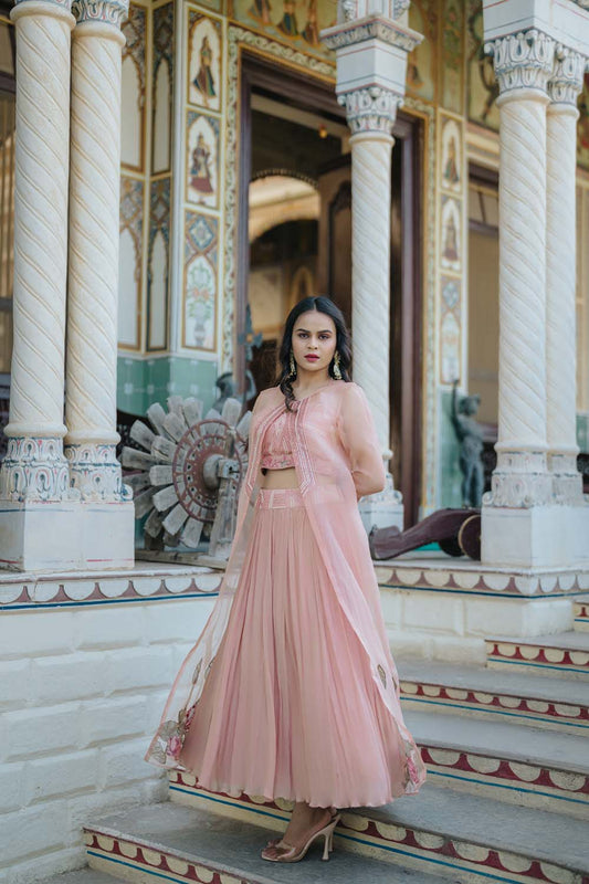 Padam - Pearl Hand Work Jacket Paired With Brallette And Skirt