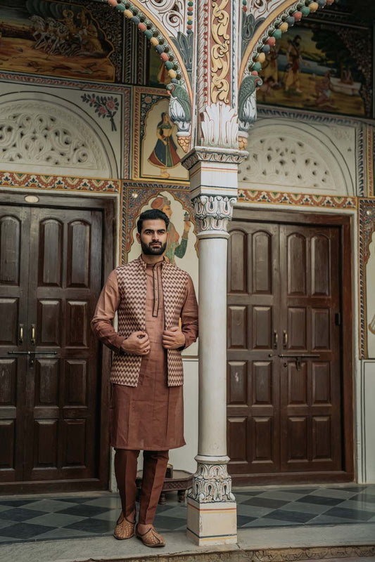 Rajiv - Rose Gold To Brown Shade Kurta Pant & Jacket Set