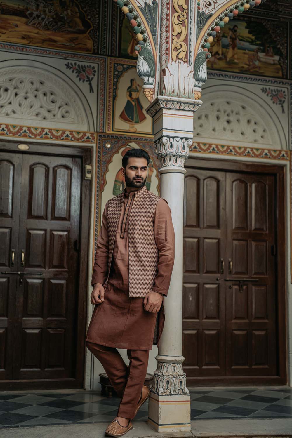 Rajiv - Rose Gold To Brown Shade Kurta Pant & Jacket Set