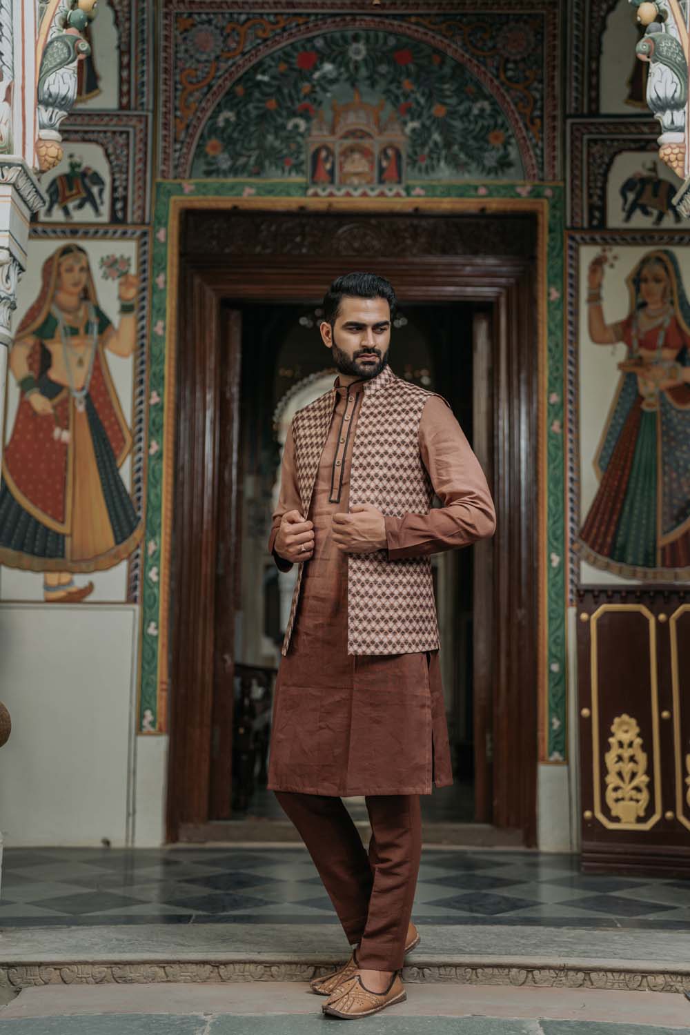 Rajiv - Rose Gold To Brown Shade Kurta Pant & Jacket Set