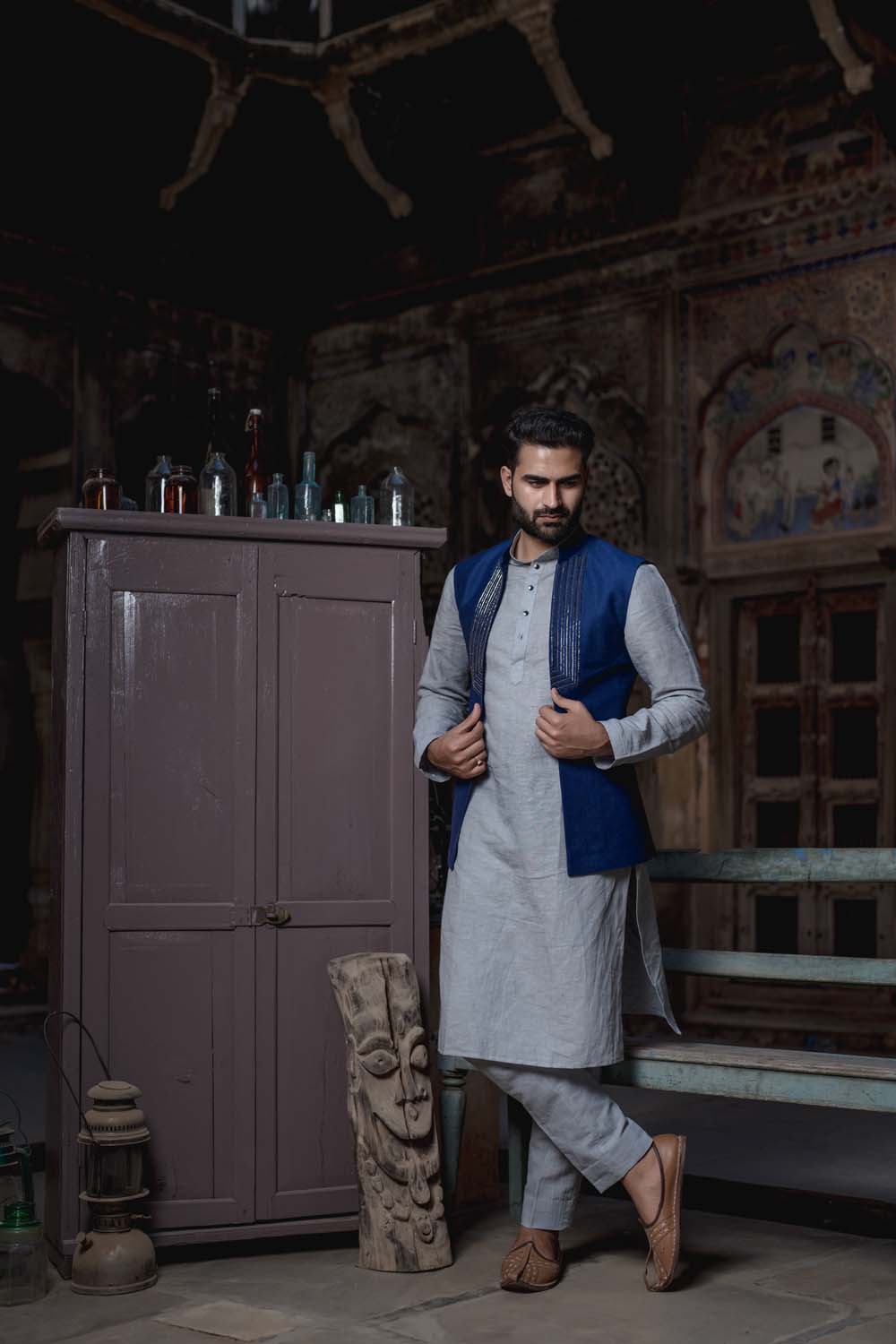 Aavesh - Neavy Blue Jacket with Steal Blue Kurta Pant Set